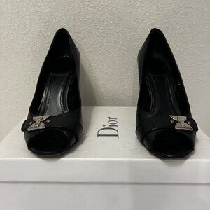 Christian Dior | Black Leather Peep-toe Pumps with Silver Tone Accent Sz 37